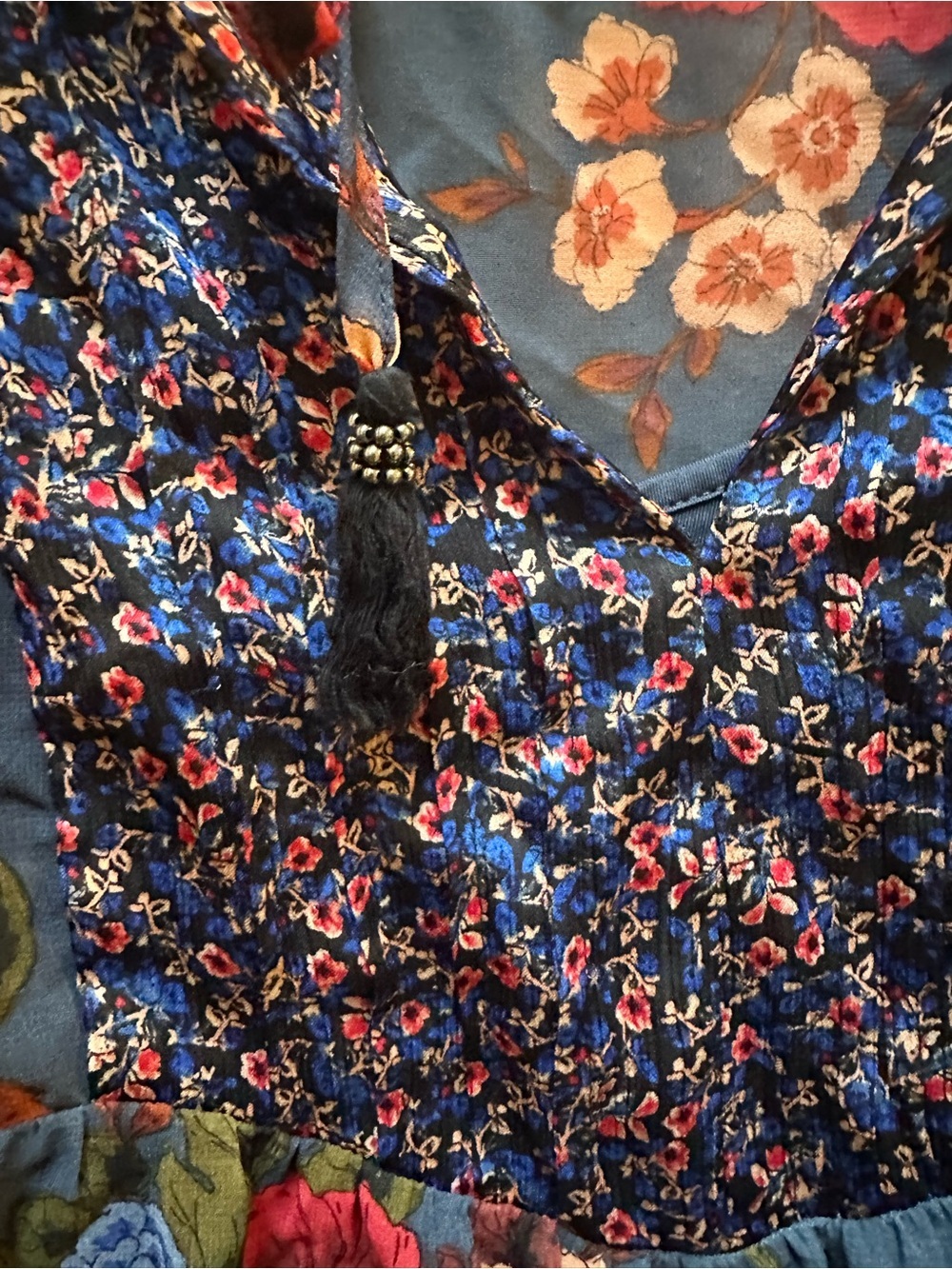 Peasant Blouse Floral Patchwork Long Balloon Sleeve Multicolor Semi-Sheer Boho M - Picture 3 of 10